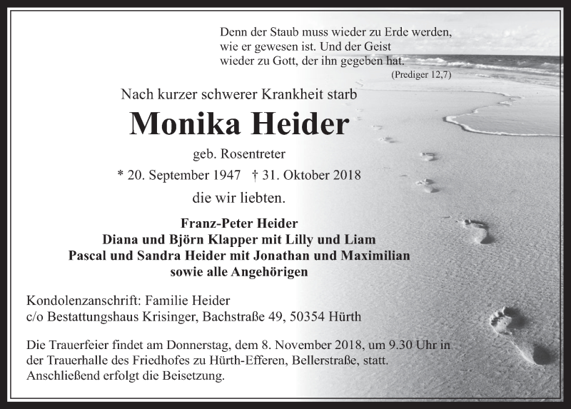  Traueranzeige für Monika Heider vom 07.11.2018 aus  Wochenende 