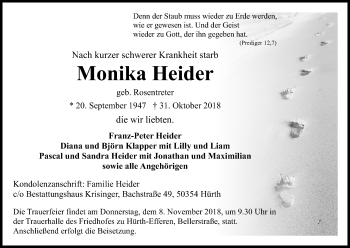 Anzeige von Monika Heider von Kölner Stadt-Anzeiger / Kölnische Rundschau / Express