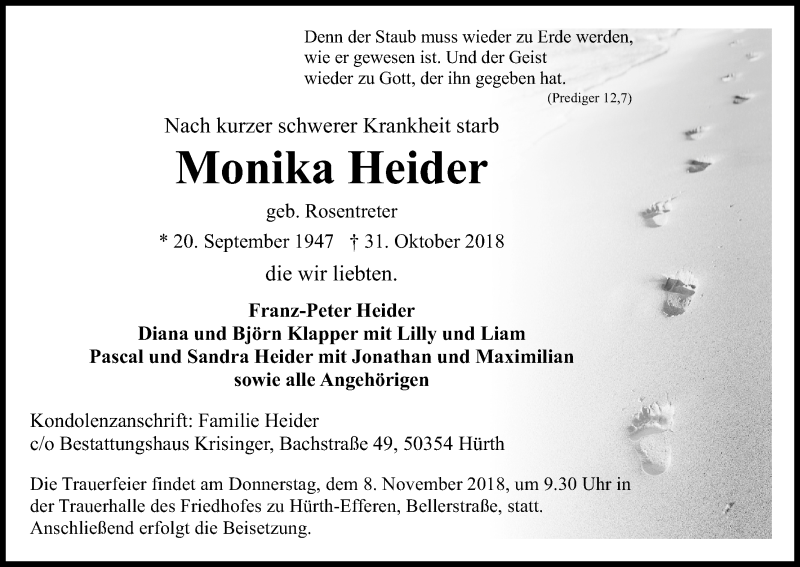  Traueranzeige für Monika Heider vom 03.11.2018 aus Kölner Stadt-Anzeiger / Kölnische Rundschau / Express