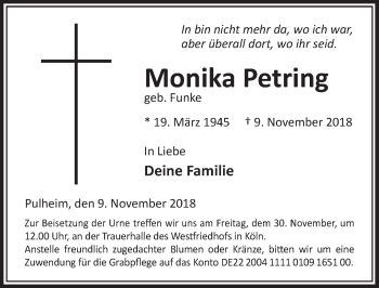 Anzeige von Monika Petring von  Sonntags-Post 