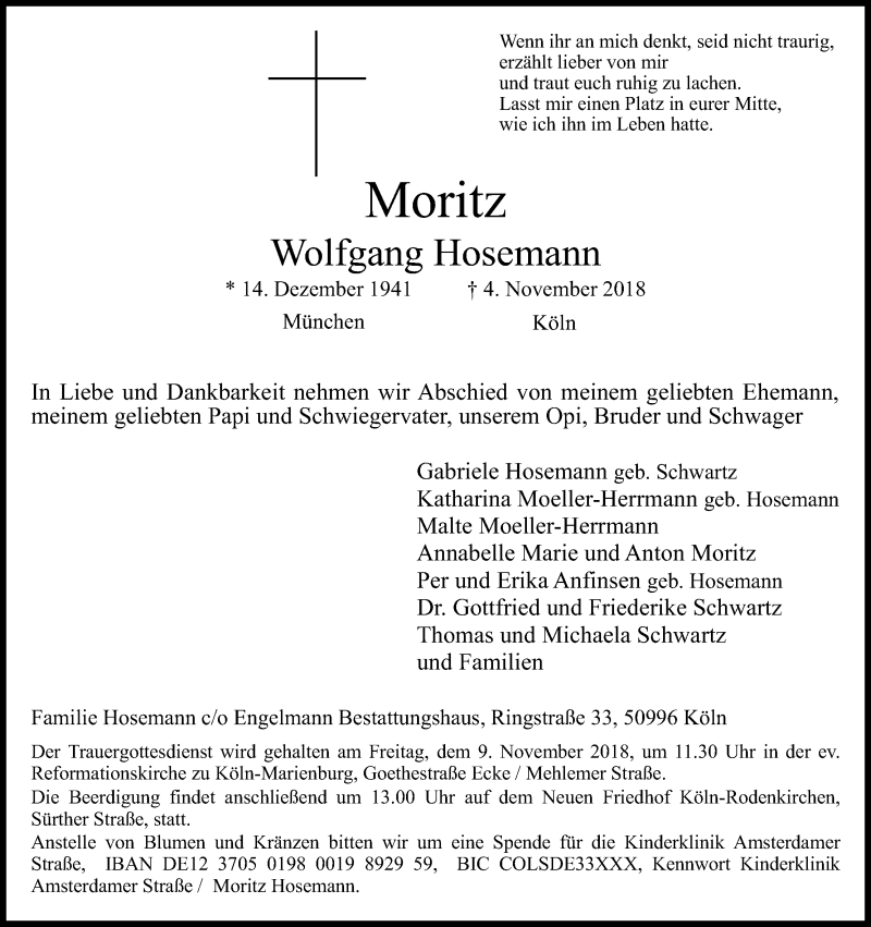  Traueranzeige für Moritz Wolfgang Hosemann vom 07.11.2018 aus Kölner Stadt-Anzeiger / Kölnische Rundschau / Express
