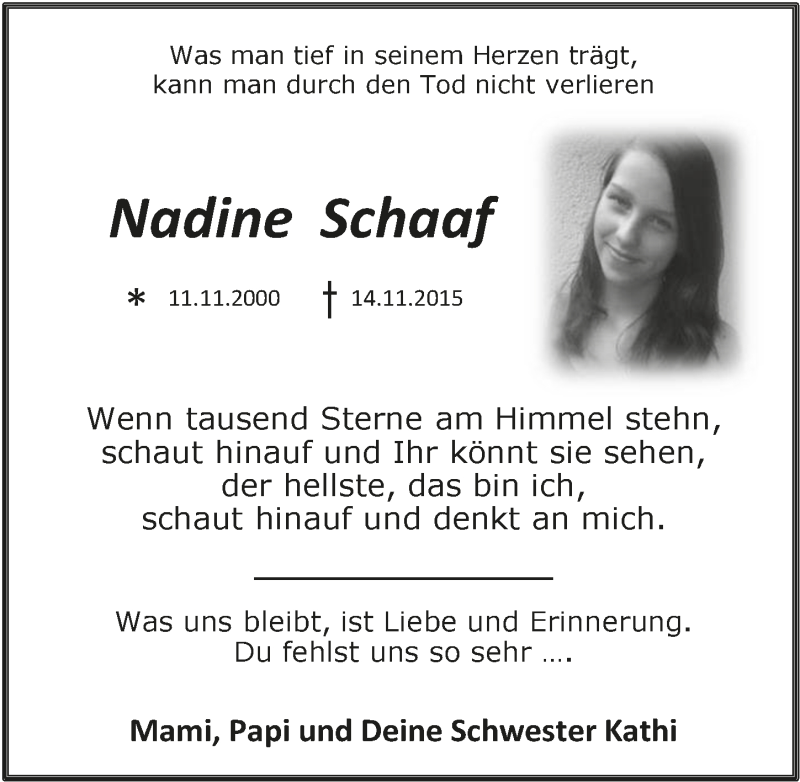  Traueranzeige für Nadine Schaaf vom 14.11.2018 aus  Anzeigen Echo 