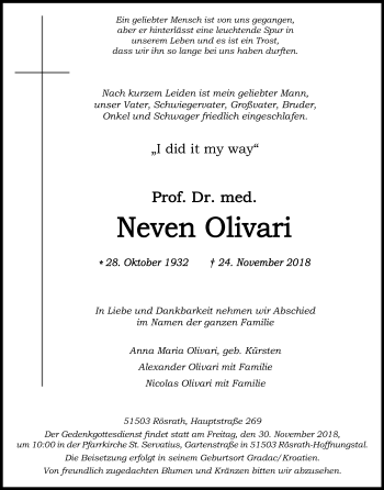 Anzeige von Neven Olivari von Kölner Stadt-Anzeiger / Kölnische Rundschau / Express