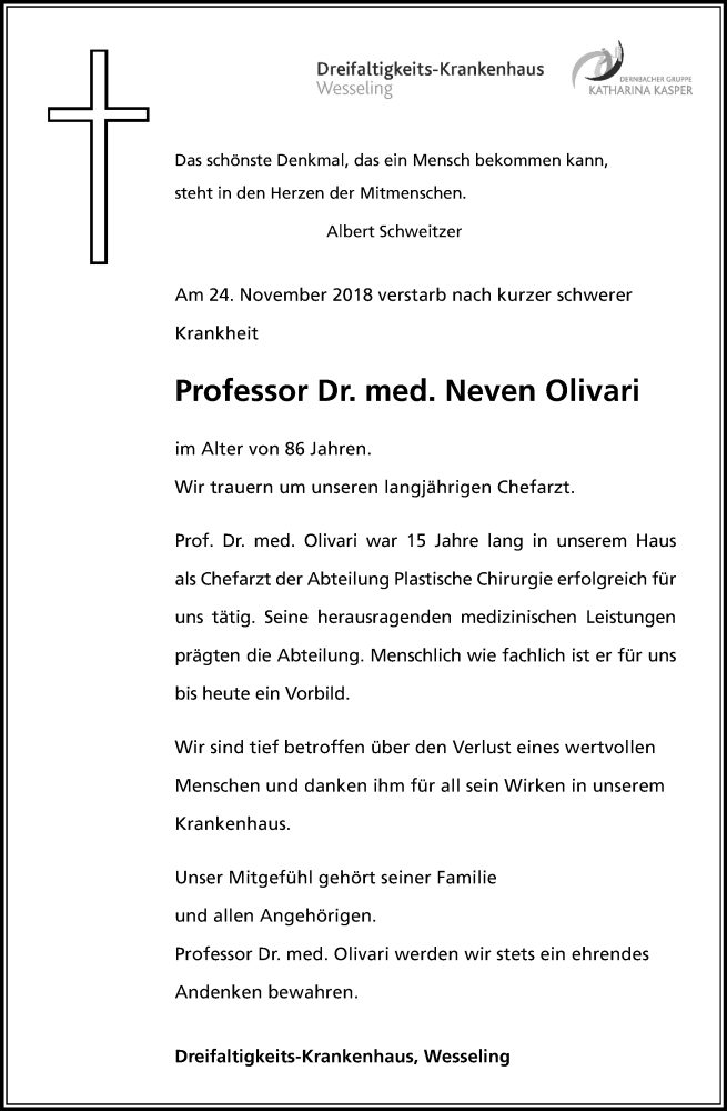  Traueranzeige für Neven Olivari vom 01.12.2018 aus Kölner Stadt-Anzeiger / Kölnische Rundschau / Express