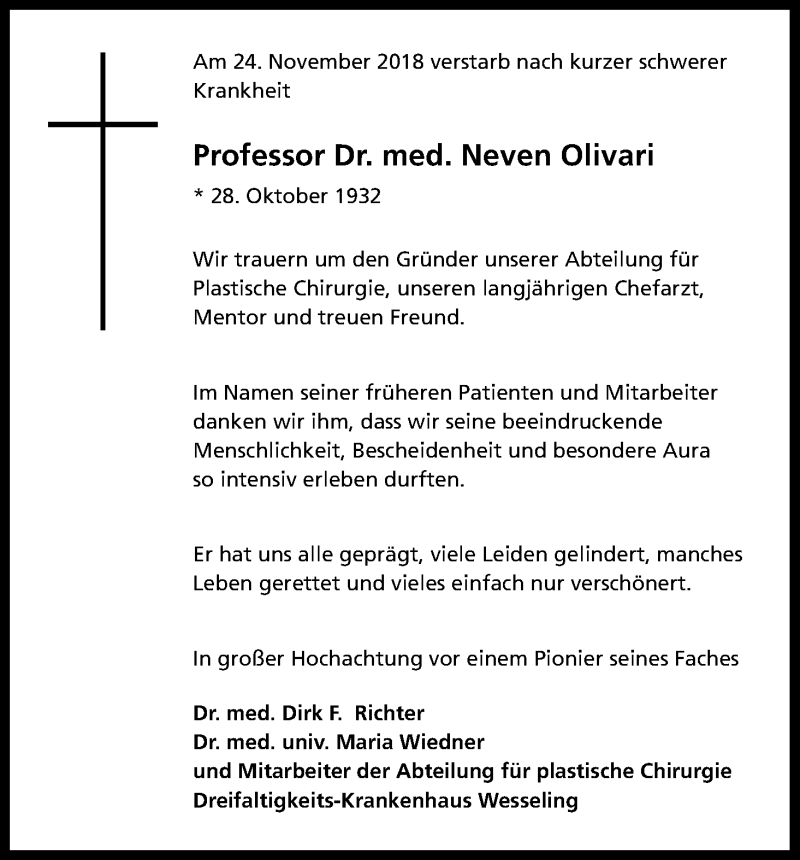  Traueranzeige für Neven Olivari vom 01.12.2018 aus Kölner Stadt-Anzeiger / Kölnische Rundschau / Express