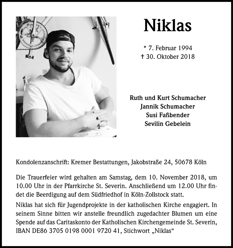  Traueranzeige für Niklas  vom 07.11.2018 aus Kölner Stadt-Anzeiger / Kölnische Rundschau / Express