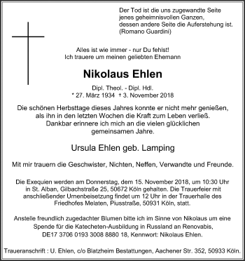 Anzeige von Nikolaus Ehlen von Kölner Stadt-Anzeiger / Kölnische Rundschau / Express