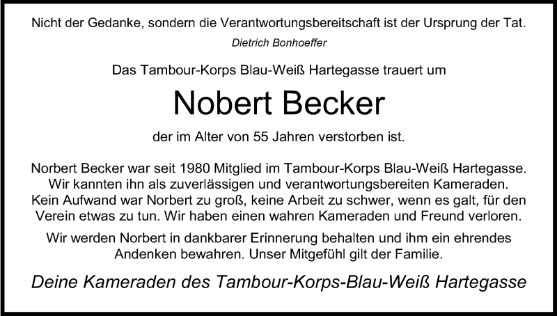  Traueranzeige für Nobert Becker vom 27.11.2018 aus Kölner Stadt-Anzeiger / Kölnische Rundschau / Express