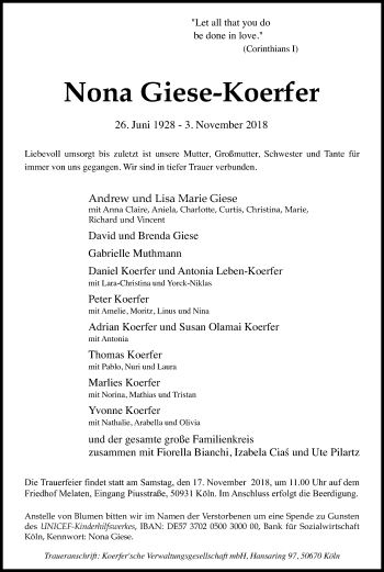 Anzeige von Nona Giese-Koerfer von Kölner Stadt-Anzeiger / Kölnische Rundschau / Express