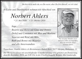 Anzeige von Norbert Ahlers von  Sonntags-Post 