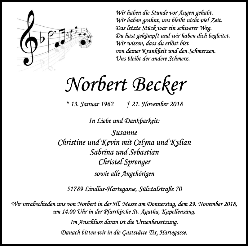  Traueranzeige für Norbert Becker vom 27.11.2018 aus Kölner Stadt-Anzeiger / Kölnische Rundschau / Express