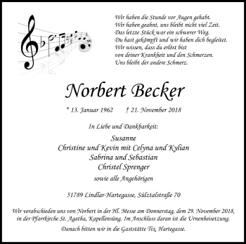 Anzeige von Norbert Becker von Kölner Stadt-Anzeiger / Kölnische Rundschau / Express