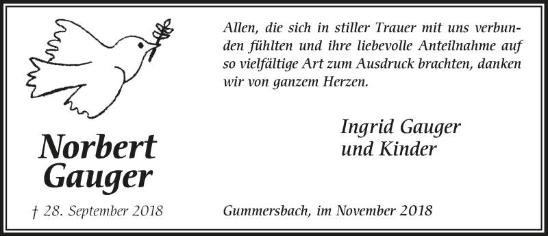  Traueranzeige für Norbert Gauger vom 21.11.2018 aus  Anzeigen Echo 