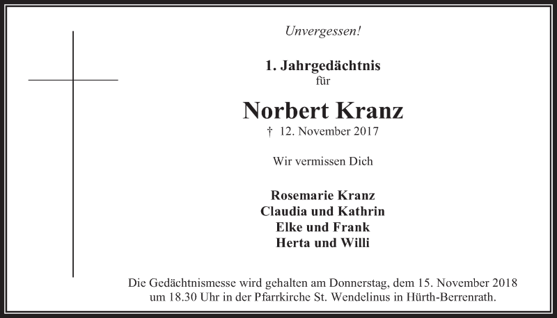  Traueranzeige für Norbert Kranz vom 07.11.2018 aus  Wochenende 