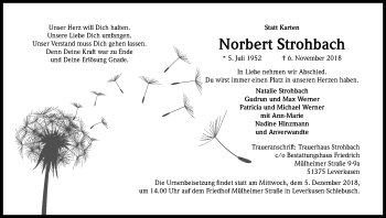 Anzeige von Norbert Strohbach von Kölner Stadt-Anzeiger / Kölnische Rundschau / Express