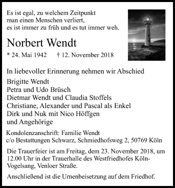 Anzeige von Norbert Wendt von Kölner Stadt-Anzeiger / Kölnische Rundschau / Express