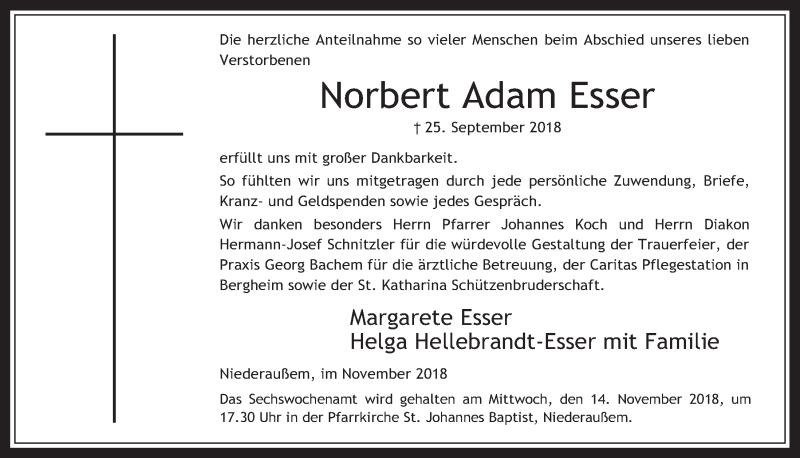  Traueranzeige für Norbert Adam Esser vom 07.11.2018 aus  Werbepost 