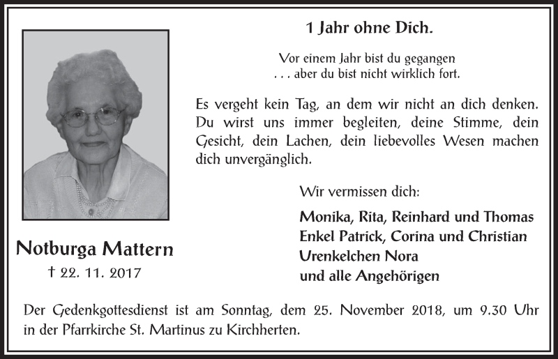  Traueranzeige für Notburga Mattern vom 21.11.2018 aus  Werbepost 