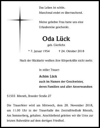 Anzeige von Oda Lück von Kölner Stadt-Anzeiger / Kölnische Rundschau / Express