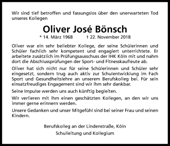 Anzeige von Oliver José Bönsch von Kölner Stadt-Anzeiger / Kölnische Rundschau / Express