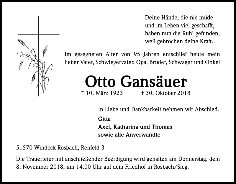  Traueranzeige für Otto Gansäuer vom 03.11.2018 aus Kölner Stadt-Anzeiger / Kölnische Rundschau / Express