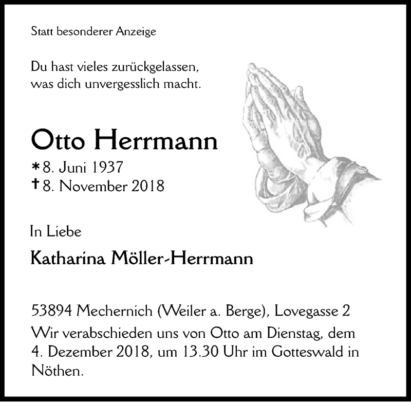  Traueranzeige für Otto Herrmann vom 17.11.2018 aus  Blickpunkt Euskirchen 
