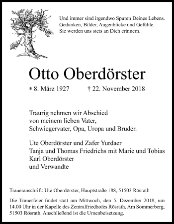 Anzeige von Otto Oberdörster von Kölner Stadt-Anzeiger / Kölnische Rundschau / Express