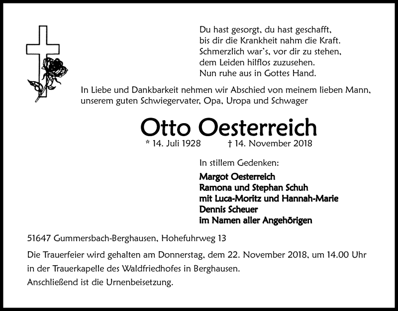  Traueranzeige für Otto Oesterreich vom 17.11.2018 aus Kölner Stadt-Anzeiger / Kölnische Rundschau / Express