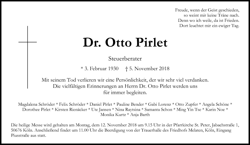  Traueranzeige für Otto Pirlet vom 10.11.2018 aus Kölner Stadt-Anzeiger / Kölnische Rundschau / Express