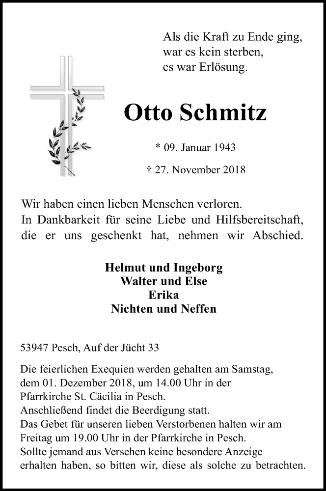  Traueranzeige für Otto Schmitz vom 30.11.2018 aus Kölner Stadt-Anzeiger / Kölnische Rundschau / Express