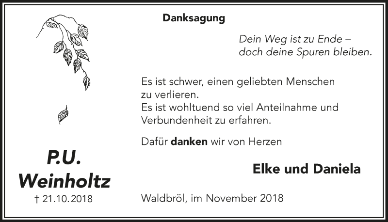  Traueranzeige für P.U. Winholtz vom 28.11.2018 aus  Lokalanzeiger 