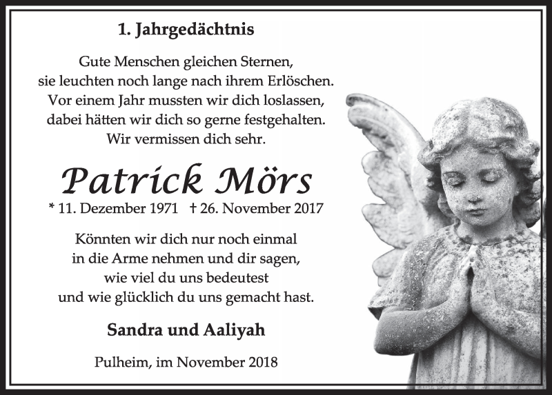  Traueranzeige für Patrick Mörs vom 24.11.2018 aus  Sonntags-Post 