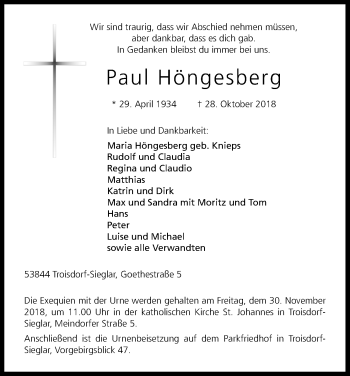 Anzeige von Paul Höngesberg von Kölner Stadt-Anzeiger / Kölnische Rundschau / Express