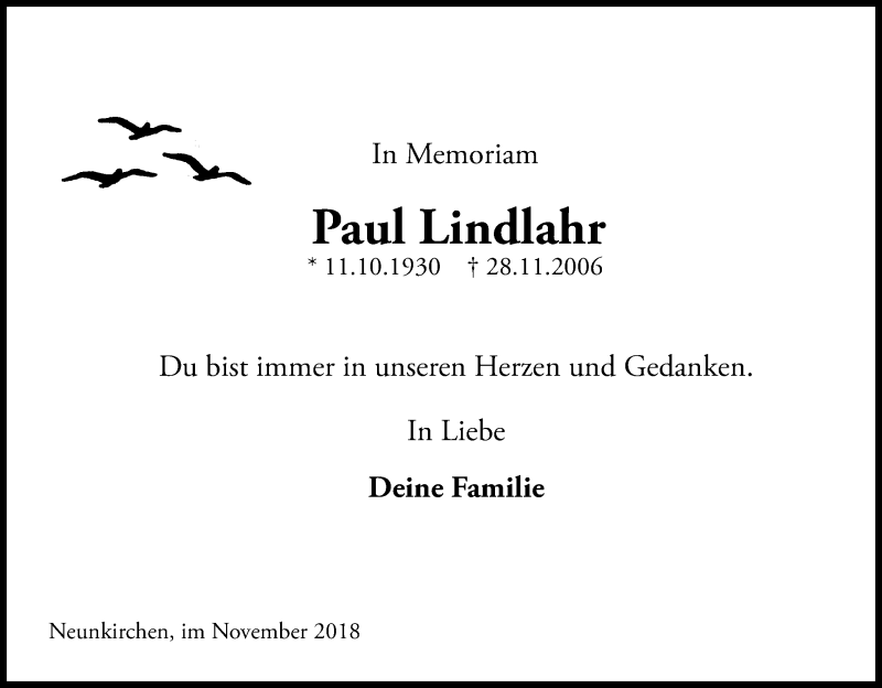 Traueranzeige für Paul Lindlahr vom 28.11.2018 aus Kölner Stadt-Anzeiger / Kölnische Rundschau / Express
