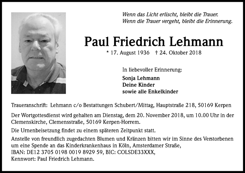  Traueranzeige für Paul Friedrich Lehmann vom 17.11.2018 aus Kölner Stadt-Anzeiger / Kölnische Rundschau / Express