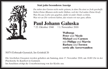 Anzeige von Paul Johann Galuska von  Werbepost 