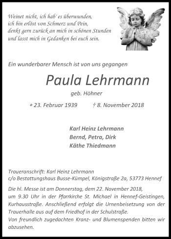 Anzeige von Paula Lehrmann von Kölner Stadt-Anzeiger / Kölnische Rundschau / Express