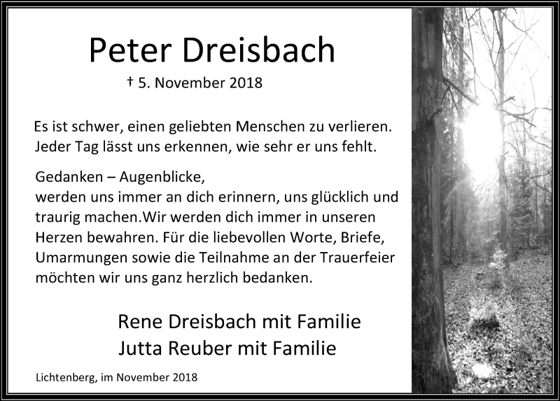  Traueranzeige für Peter Dreisbach vom 28.11.2018 aus  Lokalanzeiger 