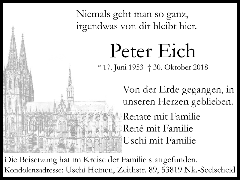  Traueranzeige für Peter Eich vom 10.11.2018 aus Kölner Stadt-Anzeiger / Kölnische Rundschau / Express