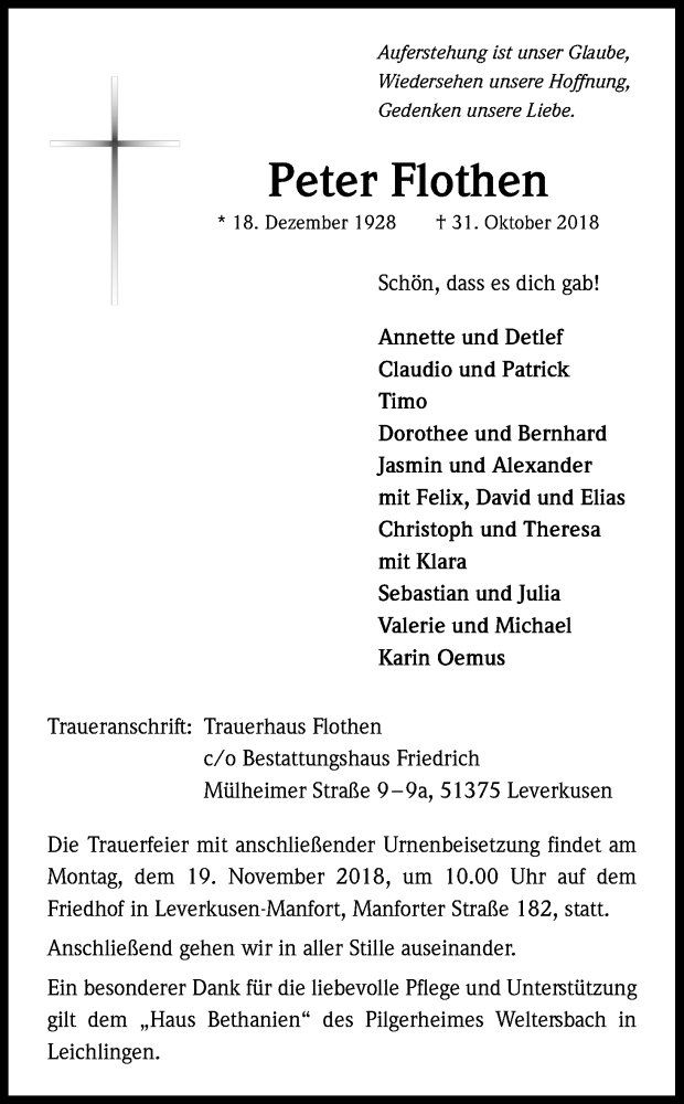  Traueranzeige für Peter Flothen vom 17.11.2018 aus Kölner Stadt-Anzeiger / Kölnische Rundschau / Express