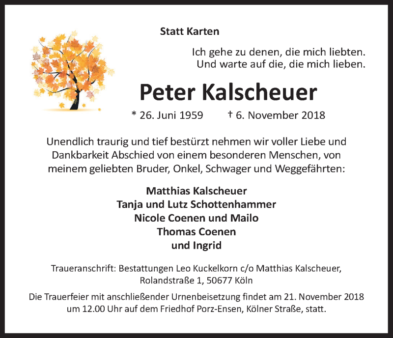  Traueranzeige für Peter Kalscheuer vom 17.11.2018 aus Kölner Stadt-Anzeiger / Kölnische Rundschau / Express