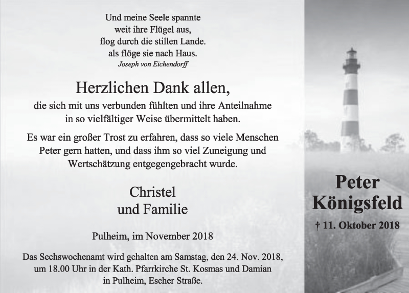  Traueranzeige für Peter Königsfeld vom 17.11.2018 aus  Sonntags-Post 