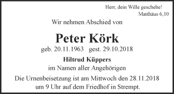 Anzeige von Peter Körk von  Blickpunkt Euskirchen 
