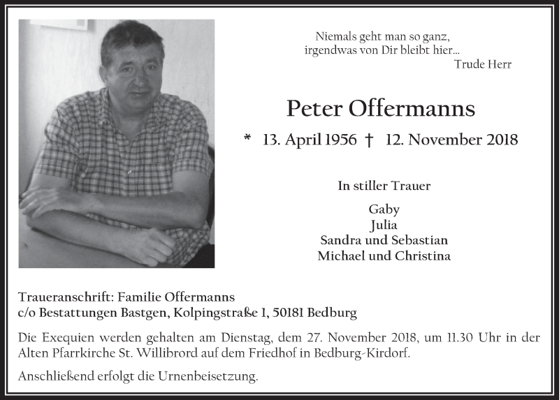  Traueranzeige für Peter Offermanns vom 21.11.2018 aus  Werbepost 