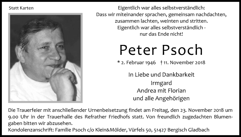  Traueranzeige für Peter Psoch vom 17.11.2018 aus Kölner Stadt-Anzeiger / Kölnische Rundschau / Express