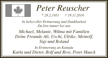 Anzeige von Peter Reuscher von  Bergisches Sonntagsblatt 