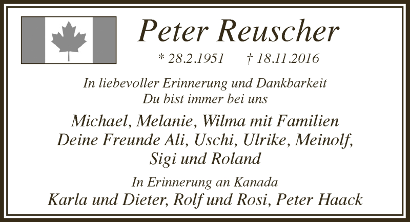  Traueranzeige für Peter Reuscher vom 17.11.2018 aus  Bergisches Sonntagsblatt 