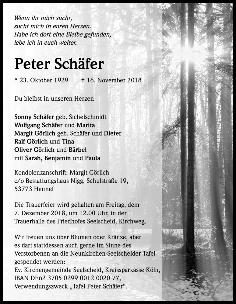  Traueranzeige für Peter Schäfer vom 01.12.2018 aus Kölner Stadt-Anzeiger / Kölnische Rundschau / Express