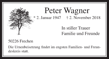 Anzeige von Peter Wagner von  Wochenende 