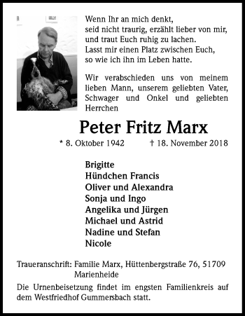 Anzeige von Peter Fritz Marx von Kölner Stadt-Anzeiger / Kölnische Rundschau / Express